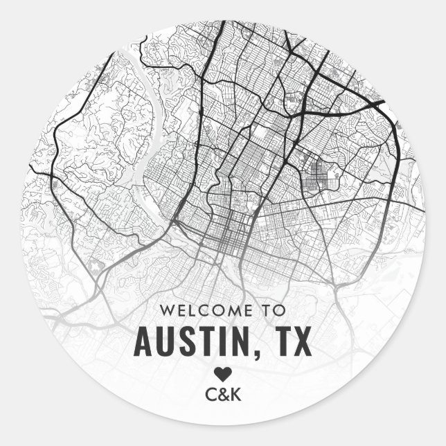 Sticker Rond Carte de Austin, Texas City | Bienvenue Mariage (Devant)