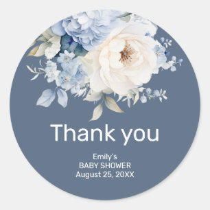 Sticker Rond Carte de baby shower floral bleu et blanc poussiér