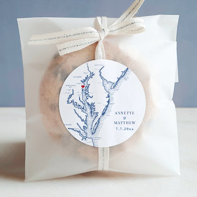 Sticker Rond Carte de la Baie de Chesapeake Annapolis Faveur de (Annapolis Chesapeake Bay Map Wedding Favor Round Label in elegant navy blue from Coastal Map Designs)