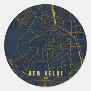 Sticker Rond Carte de la ville de New Delhi, Inde, design minim