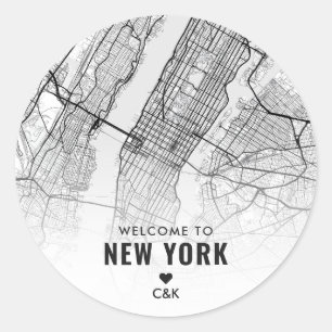 Sticker Rond Carte de New York   Bienvenue Mariage