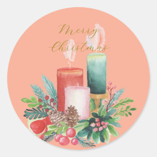 Sticker Rond Carte de Noël élégante à la bougie à l'aquarelle