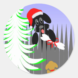 Sticker Rond Carte de Noël Humour chien Père Noël Chien avec os