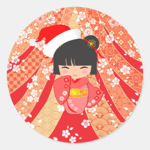 Sticker Rond Carte de Noël Poupée Kokeshi