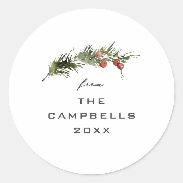 Sticker Rond Carte de Noël simple avec feuillage vert offert en (Devant)