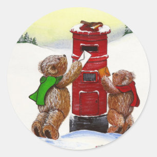 Sticker Rond Carte de Noël Teddy Bear