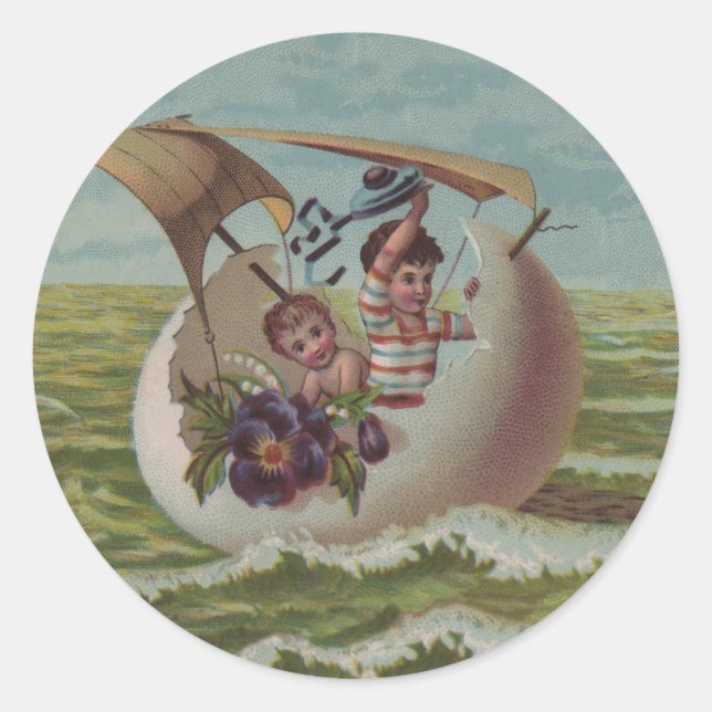 Sticker Rond Carte de Pâques Antique OEufs de voile Enfants (Devant)