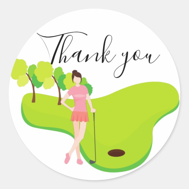 Sticker Rond Carte de remerciements pour golfeur avec Lady femm (Devant)