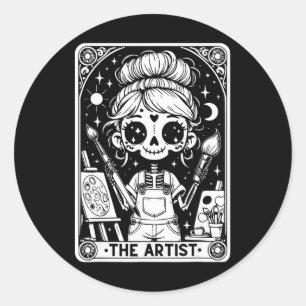 Sticker Rond Carte de tarot d'artiste squelette peintre profess