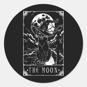 Sticker Rond Carte de Tarot Féminin Croissant de Lune et Chat N