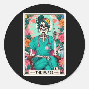 Sticker Rond Carte de Tarot infirmière drôle Skeleton Nurse Wit