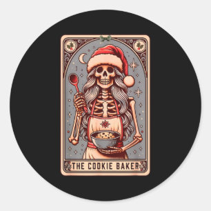 Sticker Rond Carte de tarot vintage drôle squelette le boulange