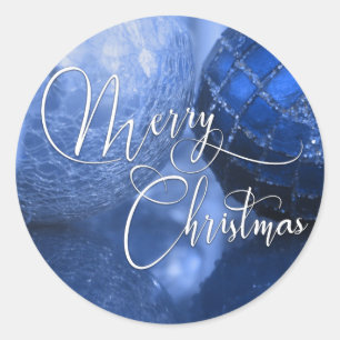 Sticker Rond Carte de vœux de Noël Bleu, Argent et Blanc