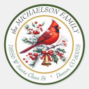 Sticker Rond Carte de vœux Noël Cardinal et Cloche Retour Adres