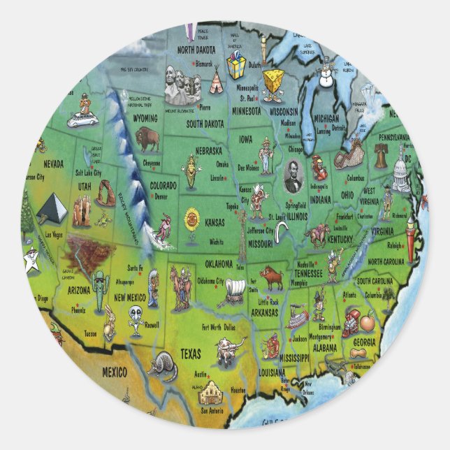 Sticker Rond Carte des caricatures des USA (Devant)