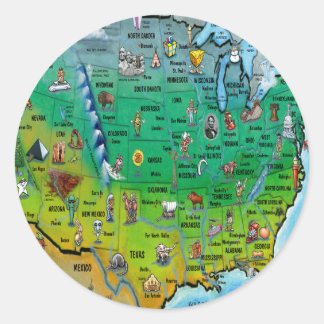 Sticker Rond Carte des caricatures des USA