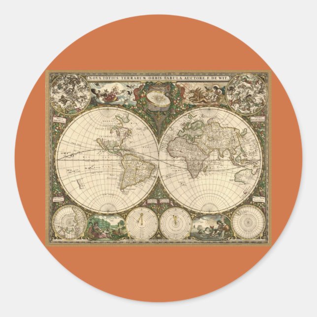 Sticker Rond Carte du monde 1660 par Frederick de Wit (Devant)
