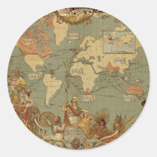 Sticker Rond Carte du monde Antique 1886 Illustré