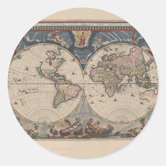 Sticker Rond Carte du monde antique : Art de la cartographie hi (Devant)