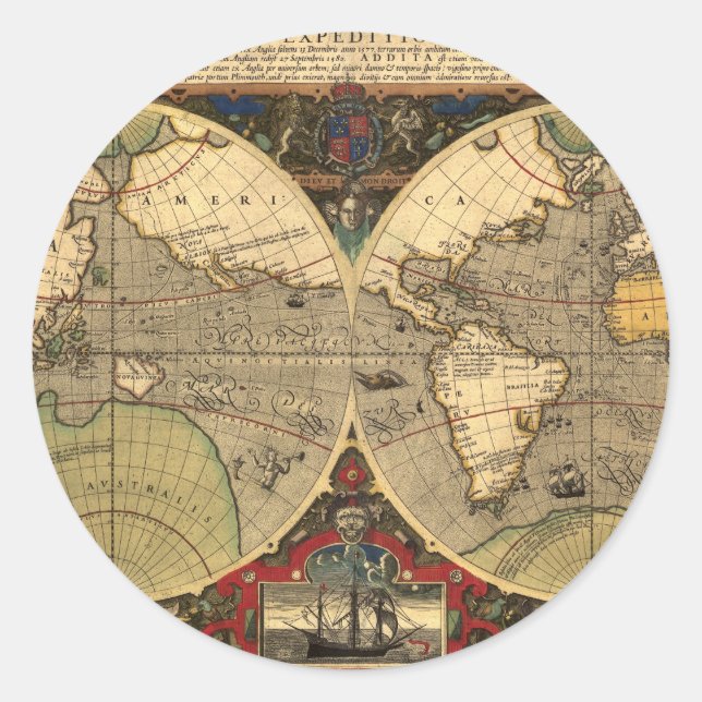 Sticker Rond Carte du monde antique nautique (Devant)