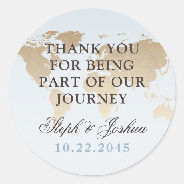 Sticker Rond Carte du monde bleu et bronze Merci Favoriser le É (Devant)