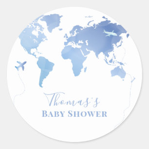 Sticker Rond Carte du monde bleu Voyage Baby shower d'aventure