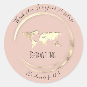 Sticker Rond Carte du monde de l'or Merci Rose Globe du voyage