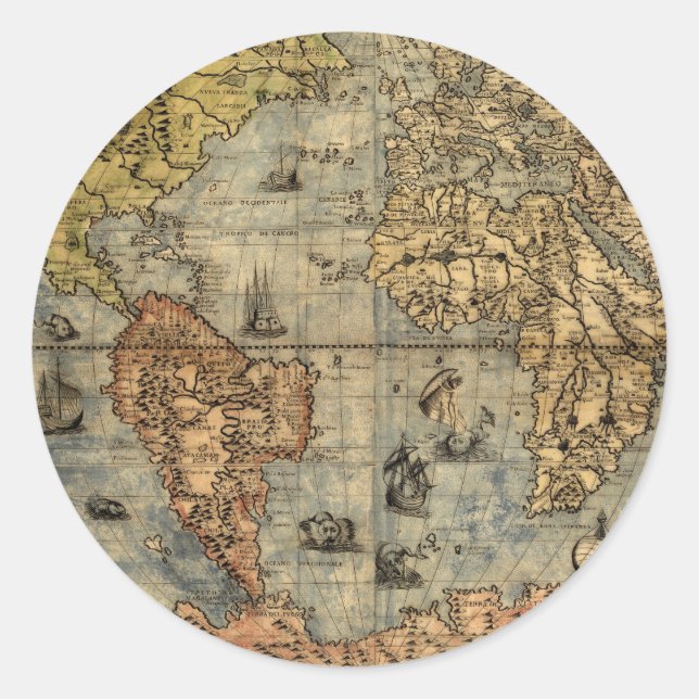 Sticker Rond Carte du monde Forlani Antiquev 1565 Renaissance (Devant)