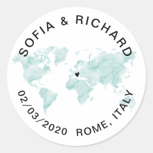 Sticker Rond Carte du monde mariage Aquarelle Coeur amovible