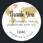 Sticker Rond Carte du monde or thème de voyage Merci Favoriser<br><div class="desc">Maillot d'or carte du monde des étiquettes pour votre destination mariage ou voyage thème fête préférez des cadeaux ou des sacs de bienvenue - merci à vos invités de voyager pour célébrer votre mariage, votre fête ou votre mitzvah! ・ ・ ・ ・ ・ ・ ・ ・ Cliquer PLUS loin sur...</div>