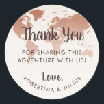 Sticker Rond Carte du monde Sepia Voyage Merci à thème<br><div class="desc">Notre carte du monde en cuivre a été conçu pour étiquette dans les tons sépia comme un autocollant de remerciement pour une fête de mariage ou de voyage de destination. REMARQUE DESIGNER : Cliquez sur CUSTOMISER PLUS loin pour modifier la couleur, les polices, la couleur et la disposition de l'arrière...</div>