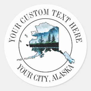 Sticker Rond Carte du paysage de l'Alaska Texte personnalisé 3"