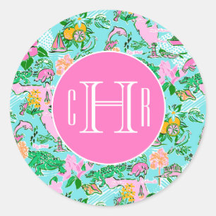 Sticker Rond Carte Floride Preppy Palm Beach Motif Monogrammé
