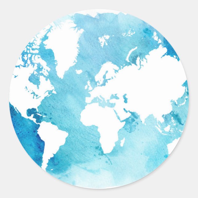 Sticker Rond Carte Mondiale En Aquarelle Blues (Devant)
