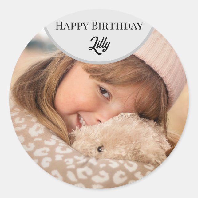 Sticker Rond Carte photo d'anniversaire heureux personnalisé (Devant)