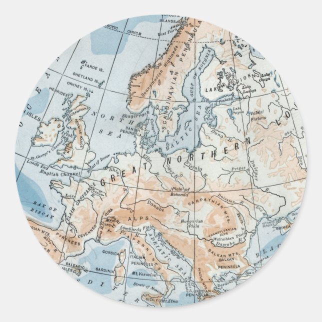 Sticker Rond Carte physique de l'Europe (1916) (Devant)