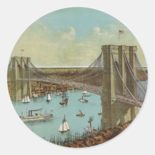Sticker Rond Carte postale Brooklyn Bridge Color