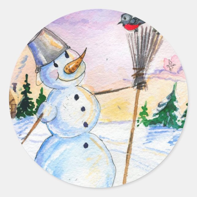 Sticker Rond Carte style russe de Noël snowman (Devant)
