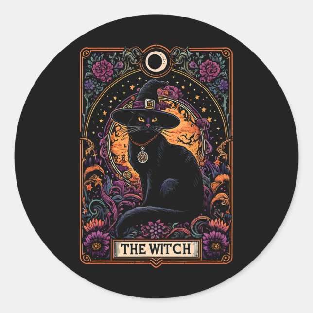 Sticker Rond Carte Tarot Chat Sorcière Halloween gothique Vinta (Devant)