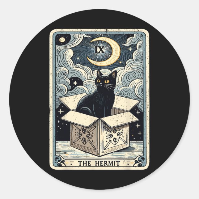 Sticker Rond Carte Tarot Hermite Chat En Boîte Mystic Funny Cha (Devant)