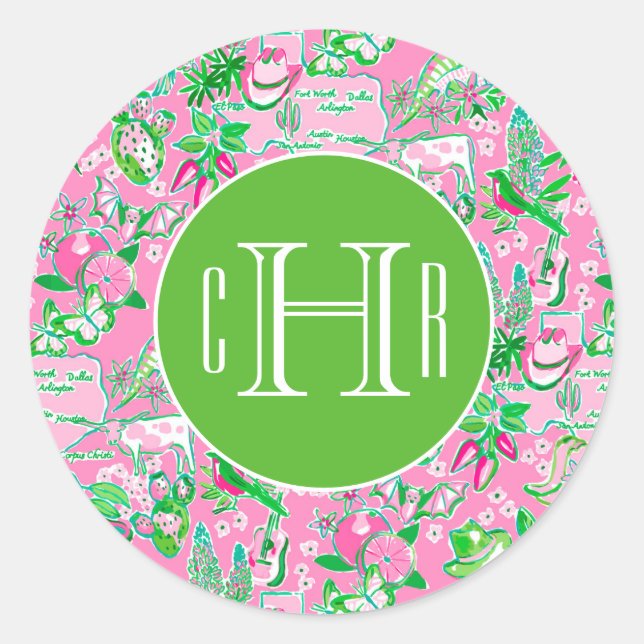 Sticker Rond Carte Texas Pink & Green Preppy Motif Monogramme (Devant)