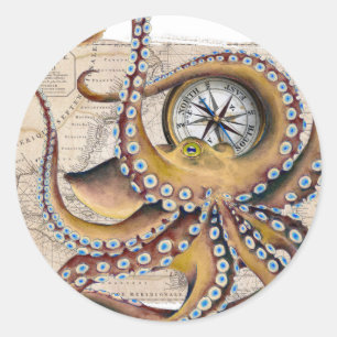 Sticker Rond Carte Vintage de la pieuvre Brown Compass