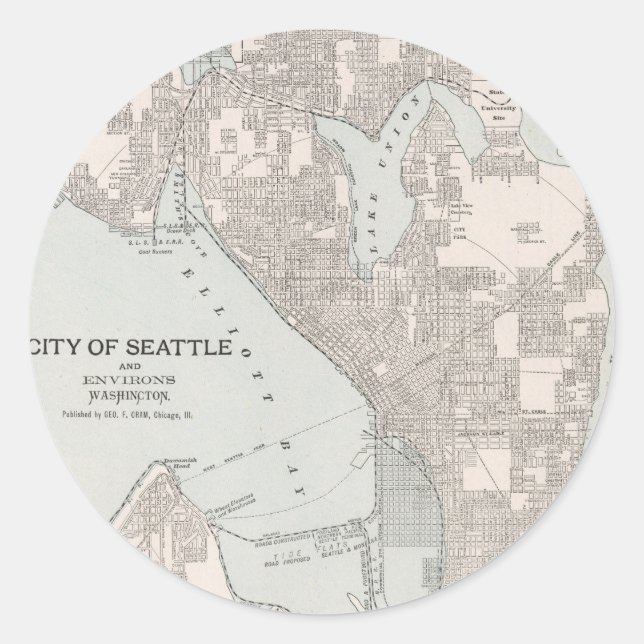 Sticker Rond Carte vintage de Seattle Washington (1901) (Devant)