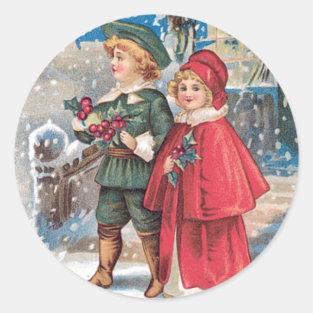 Sticker Rond Carte Vintage de voeux de Noël Fond (Devant)