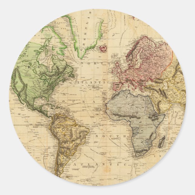 Sticker Rond Carte vintage du monde (1831) (Devant)