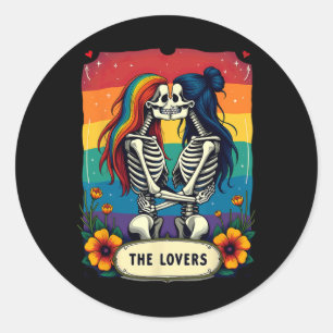 Sticker Rond Cartes de Tarot Amoureux Squelettes Lesbiennes S'e