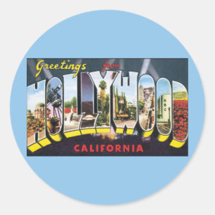 Sticker Rond Cartes de voyage vintage de Hollywood Californie