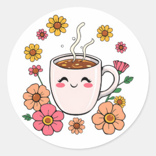 Sticker Rond Carton adorable au café Kawaii