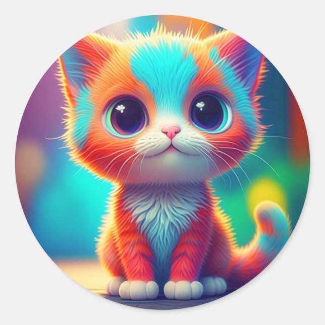 Sticker Rond Carton de chaton couleur arc-en-ciel jolie (Devant)