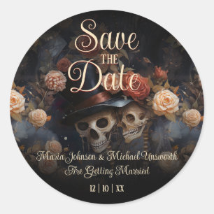 Sticker Rond Carton de faire-part gothique de skeletons qui s'e